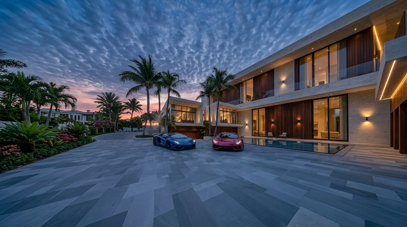 Two Lamborghinis at a modern Dubai villa at dusk