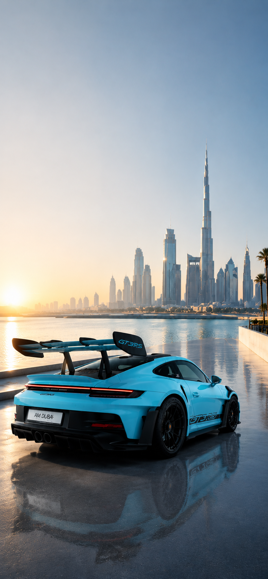 AM Dubai performance car overlooking the Dubai skyline