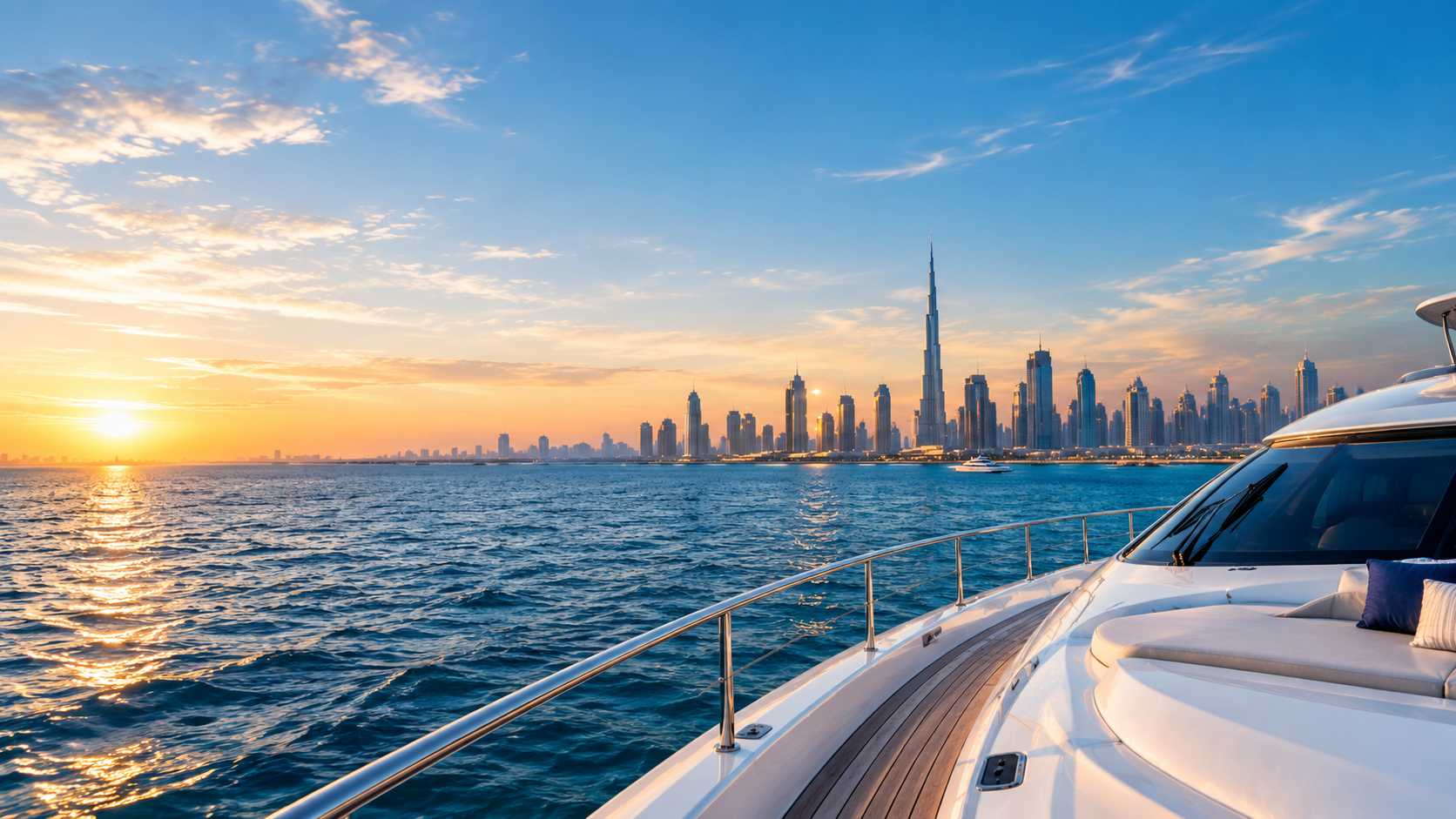 Private yacht overlooking the Dubai skyline at sunset