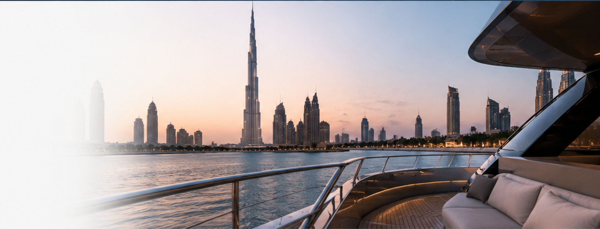 Private yacht overlooking the Dubai skyline and Burj Khalifa